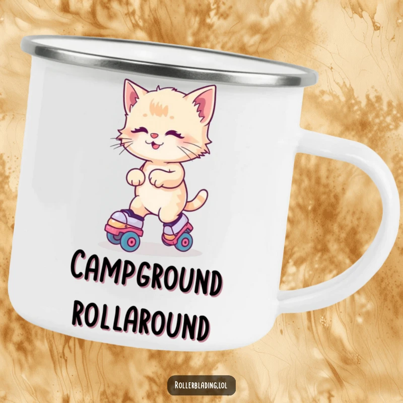 Funny Kitten Roller Skates Camping Mug showing a kitten joyfully wobbling on roller skates, ideal for outdoor enjoyment.
