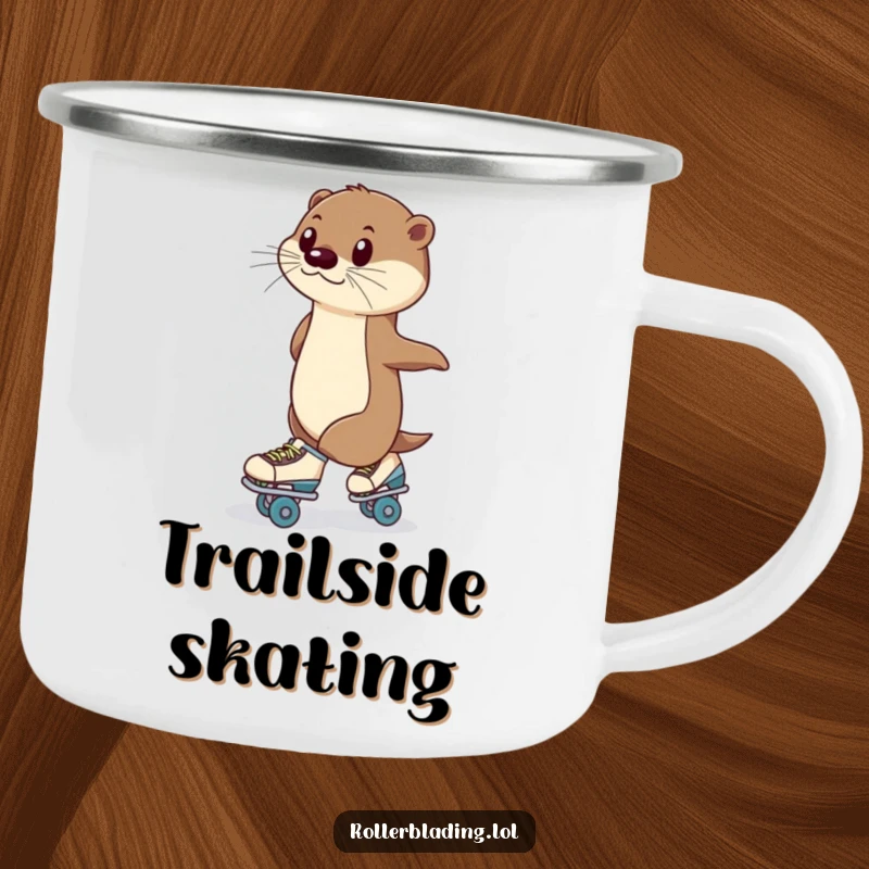 Funny Camping Mug: A poised otter roller skating through nature, ready for adventure with a hilarious and elegant vibe.