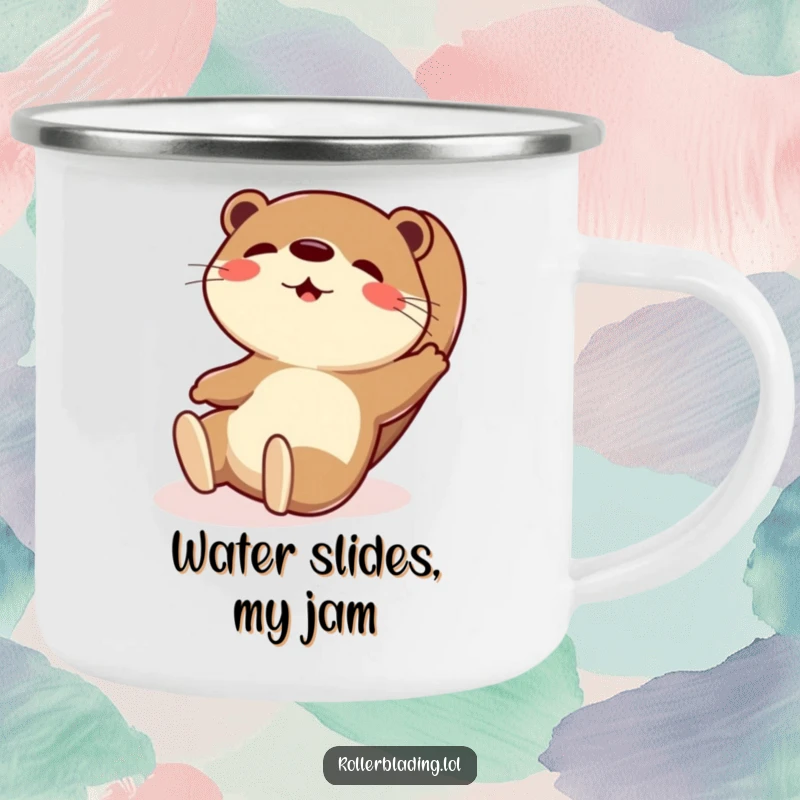 Funny camping mug depicting a playful otter in an exaggerated slide with a look of pure delight.