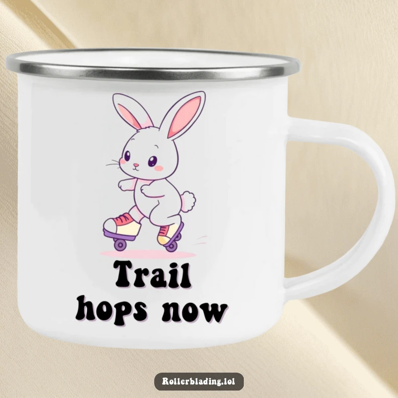 Funny Roller Skating Rabbit Camping Mug: A curious rabbit skates on an adventure, ready for hot drinks in the wild.