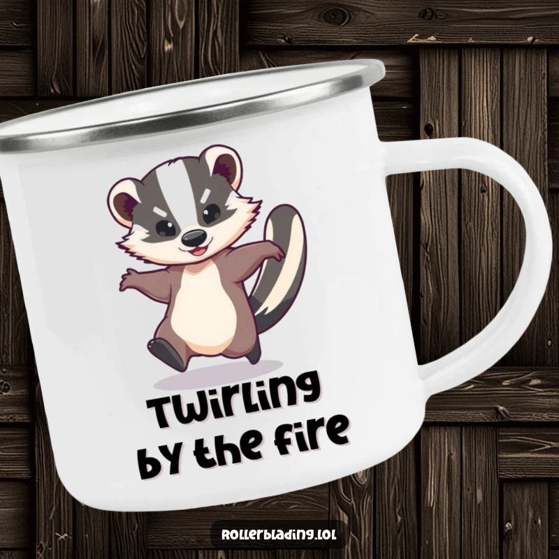 Funny camping mug with a graceful badger performing a speedy spin, perfect for sipping drinks outdoors with a whimsical, energetic spirit.