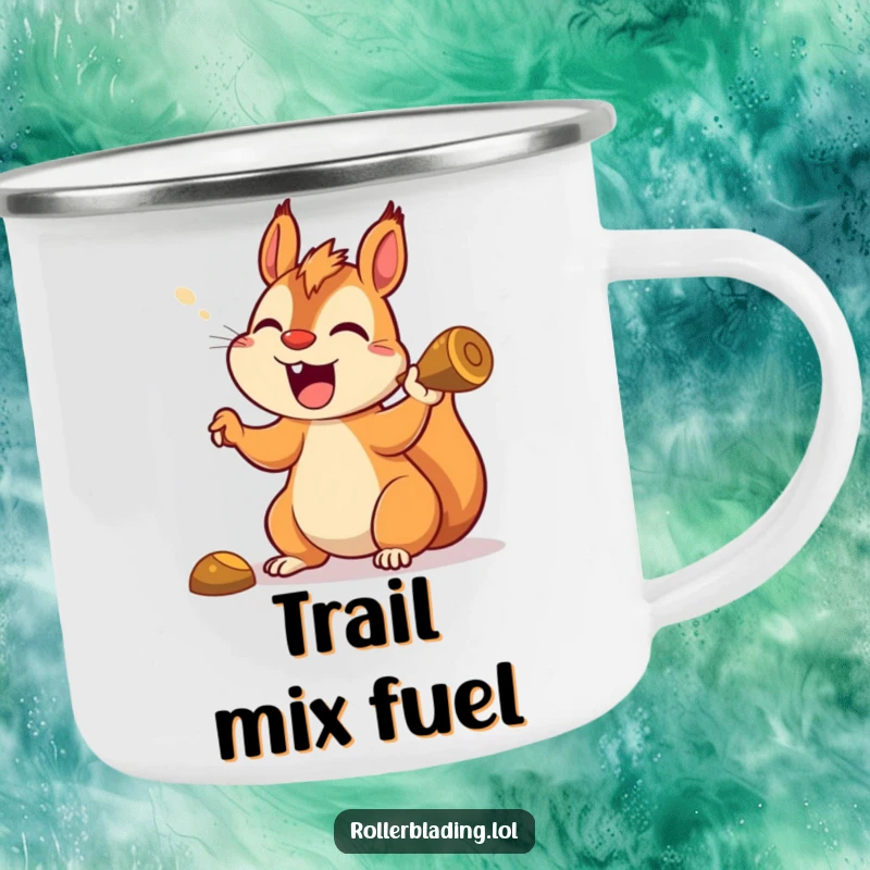 Funny squirrel camping mug depicting a joyful squirrel yelling while taking a sharp turn, great for outdoor lovers.