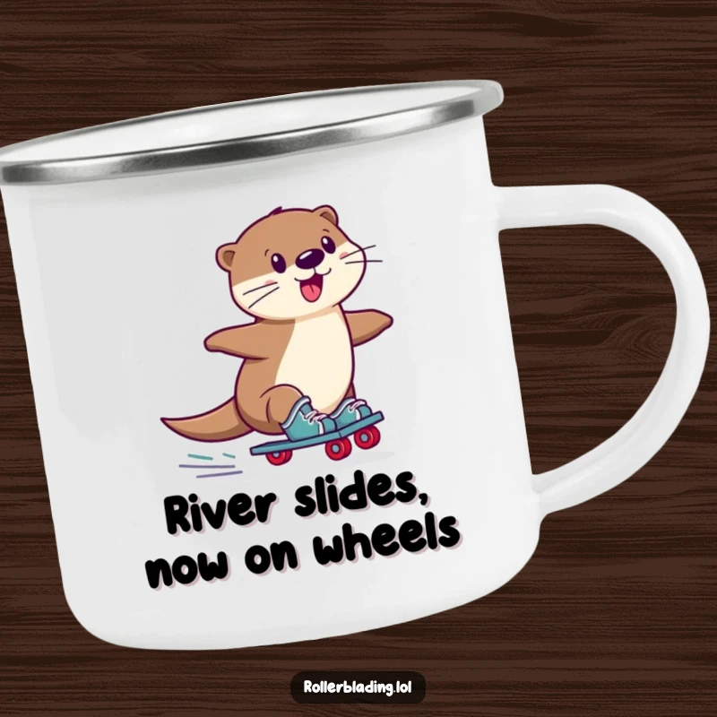 Funny Otter Camping Mug: A playful otter performing a wobbly slide on roller skates, perfect for rugged adventures and outdoor fun.