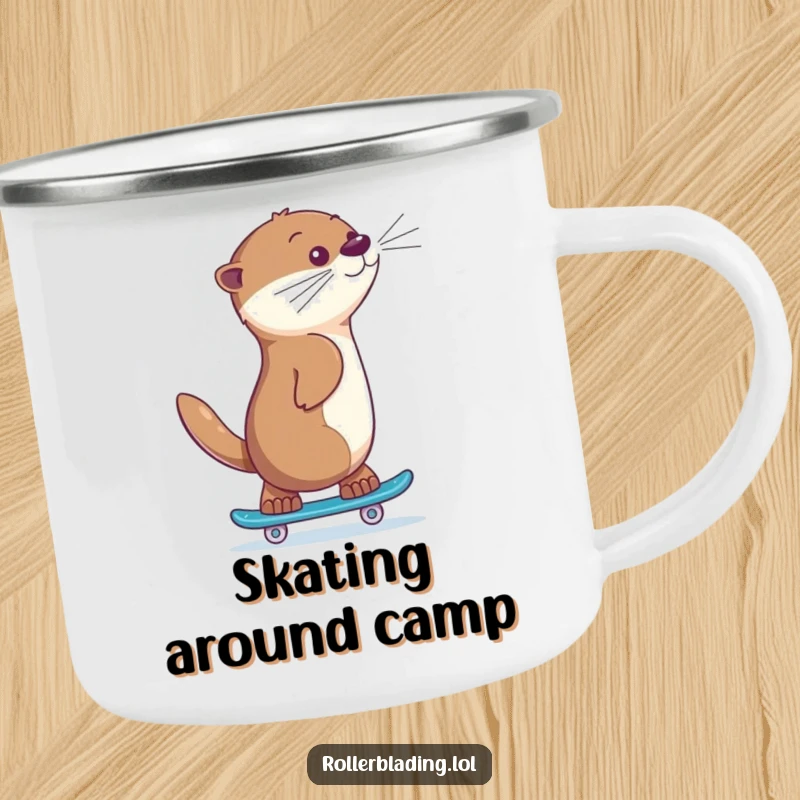 Funny otter skating camping mug, a giggling animal skating backwards with a proud expression, ready for outdoor fun and warm beverages.