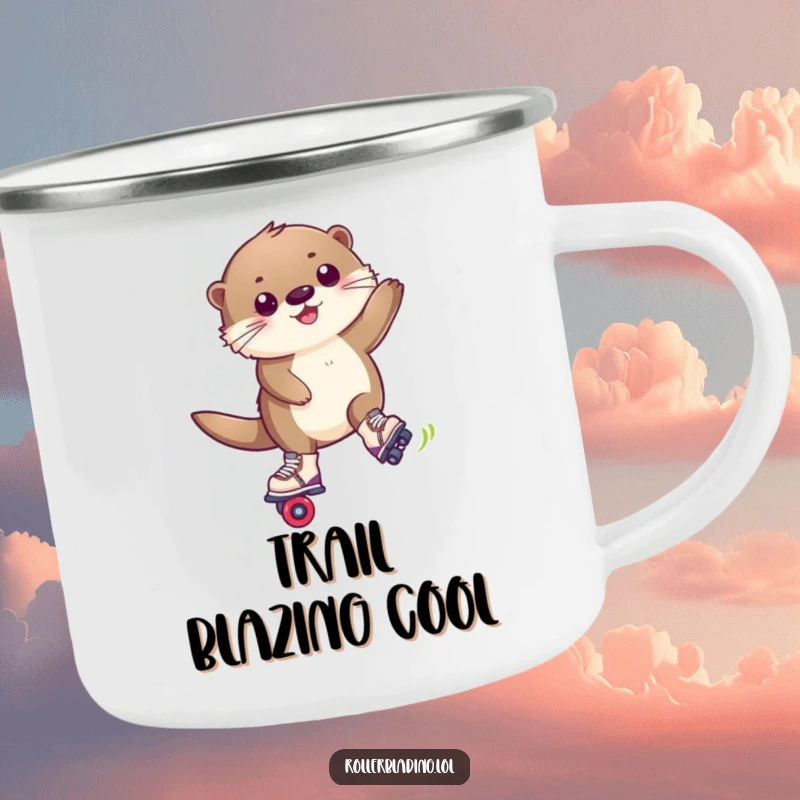 Funny camping mug with a happy, fluffy otter performing a trick maneuver on roller blades, for outdoor fun.
