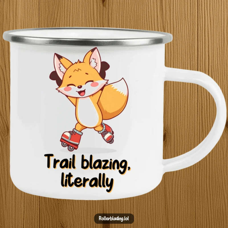 Funny camping mug depicting a joyful fox spinning on roller skates with a huge smile, ready for the trail.