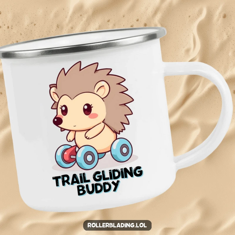 Funny camping mug showing a friendly hedgehog smoothly gliding on roller skates, perfect for enjoying drinks in the great outdoors with ease.