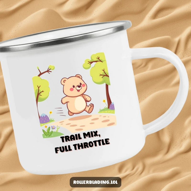 Funny camping mug with a proud bear comically speeding through a wilderness scene, celebrating outdoor adventures with humor.