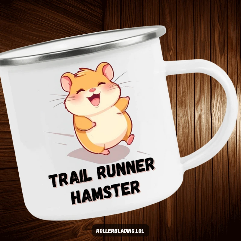 Funny giggling hamster camping mug, with a hamster speeding downhill with wind in its fur, built for fun outdoors.