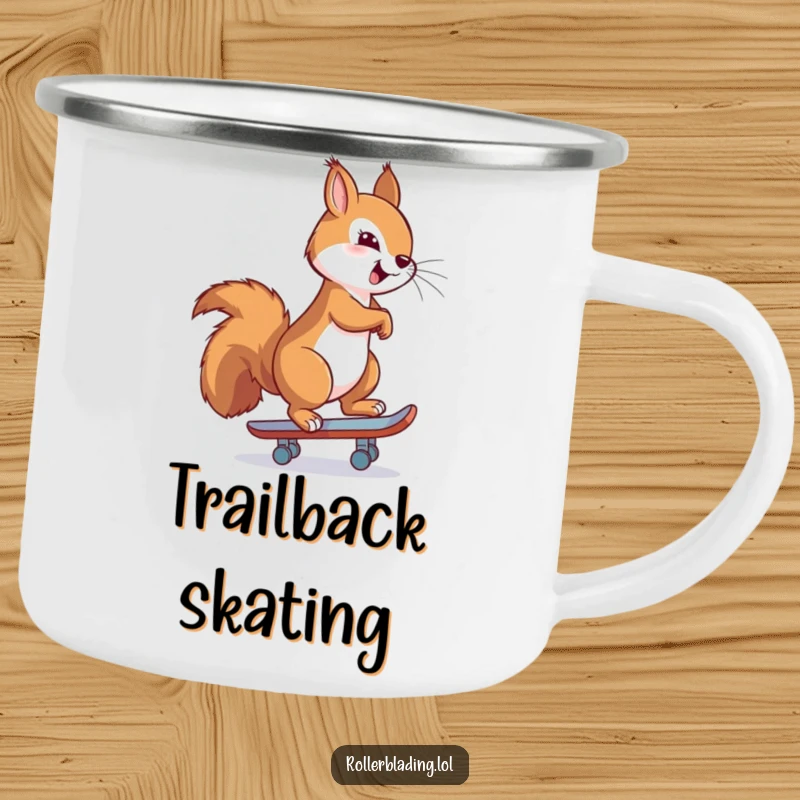Funny camping mug showing a proud squirrel confidently skating backwards, perfect for enjoying drinks in the great outdoors with style.