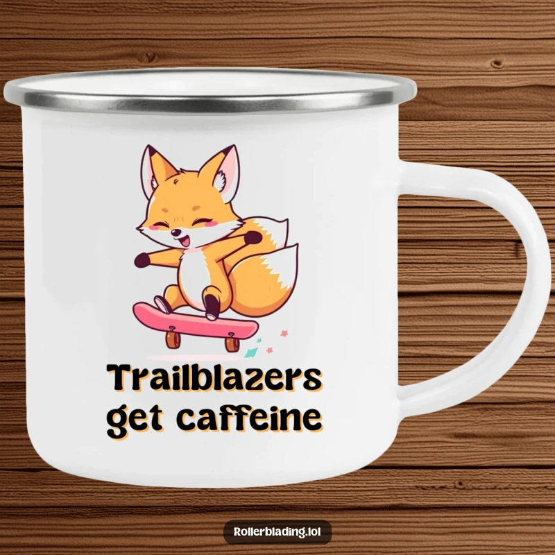 Funny camping mug with a cool fox performing a skateboard trick, designed for outdoor adventures and humorous enjoyment.