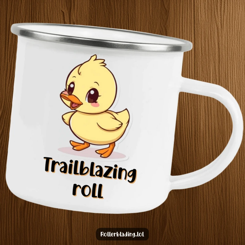 Funny camping mug illustration of a small duck rolling with fierce determination, ready for outdoor adventures.