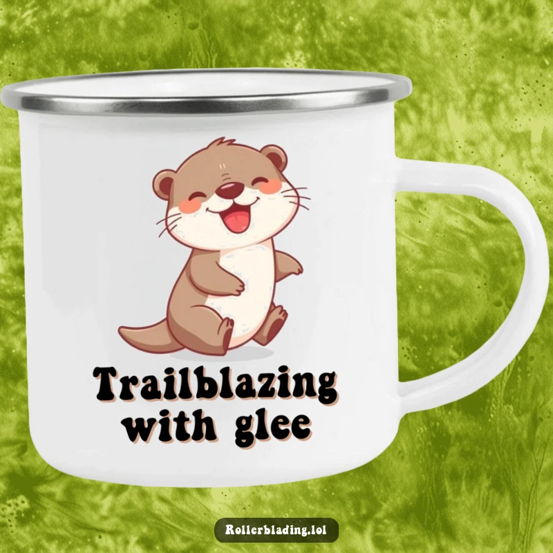 Funny camping mug with a joyful otter zipping with a grin, perfect for sipping drinks outdoors with a splash of cheerful, portable happiness.