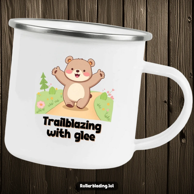 Funny happy bear camping mug, illustration of a bear cruising along a path with arms wide open, for outdoor adventures.