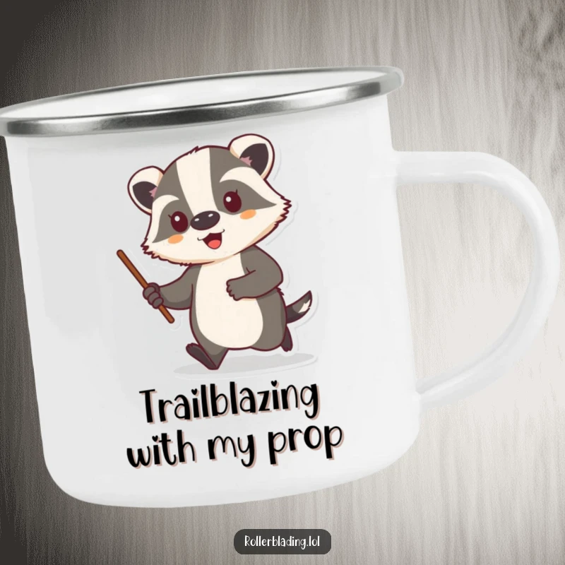 Funny camping mug showing a proud badger cruising through the wilderness with a stick.