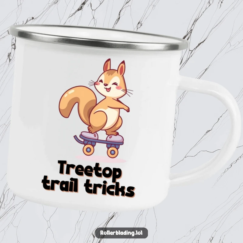 Funny Squirrel Roller Skate Camping Mug: A cheerful squirrel balances on a roller skate, ready for hot drinks on any adventure.