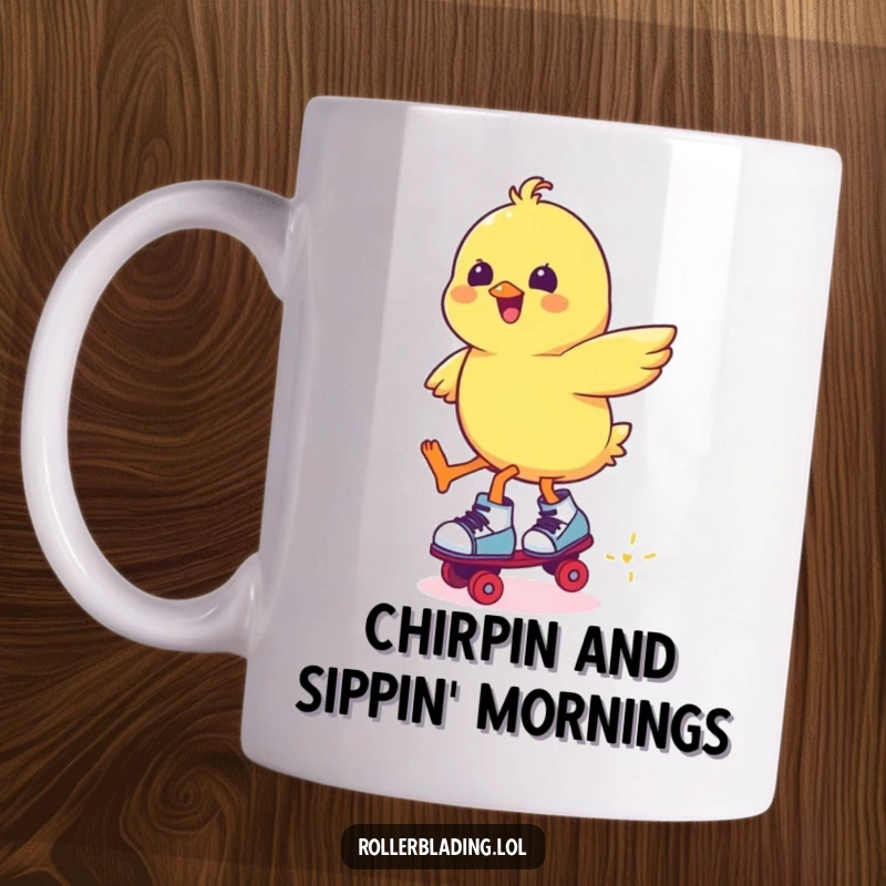 Funny chick wearing roller skates, attempting a joyful jump, expressing pure delight, perfect funny artwork.