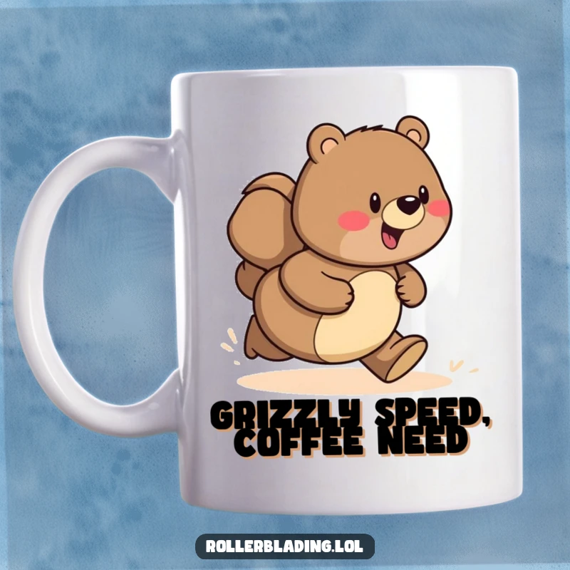 Funny mug featuring a proud and happy bear speeding down a path, exuding pure joy and adventure.