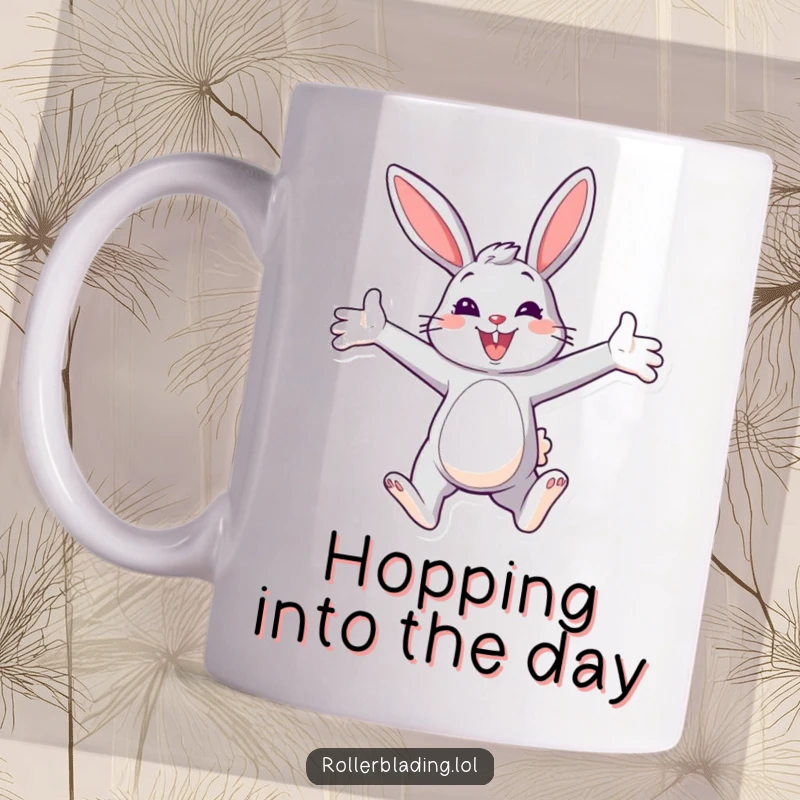 Funny Bunny Paraglider Mug shows a smiling bunny confidently gliding with arms wide open, embodying pure joy and freedom.