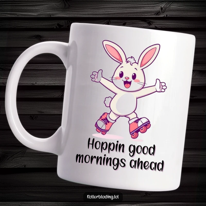 Funny Bunny Mug: A cheerful bunny zooms forward on roller skates with arms pumping, embodying pure joy and energetic movement.
