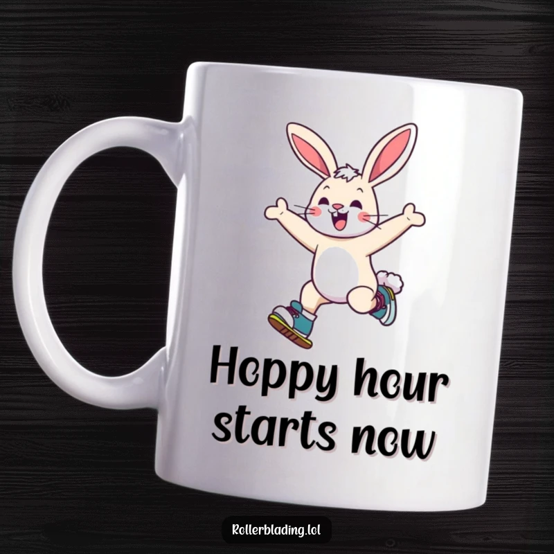 Funny bunny mug featuring a cheerful bunny doing a playful jump while on roller skates, radiating energy and fun.