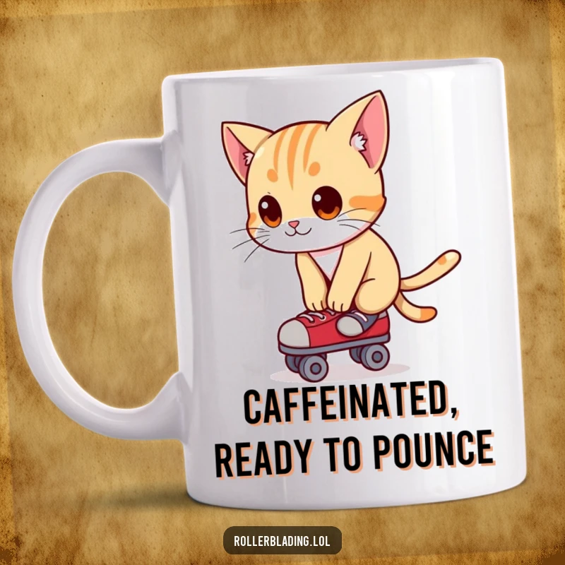 Funny mug showcasing a curious cat leaning forward, eyes wide, expertly balancing on roller skates.
