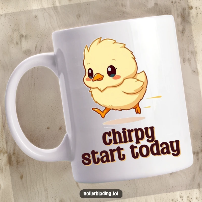 Funny chick mug showing a fluffy yellow chick a blur of motion, zooming with excitement, cute gift idea.