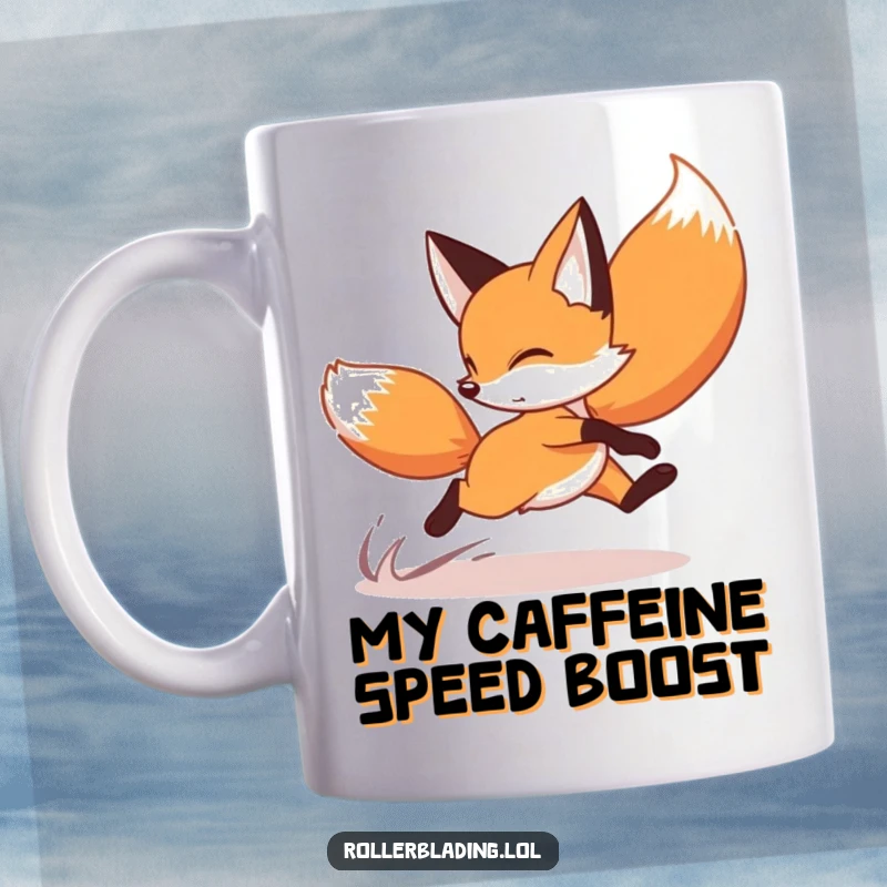 Funny fox mug depicting a playful fox executing a speedy crossover turn on roller skates, showcasing agility and fun.