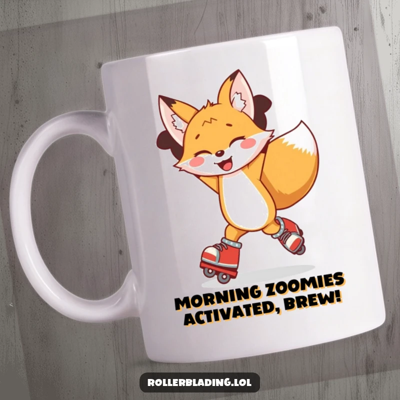 Funny mug with a joyful fox spinning on roller blades, arms in the air, radiating pure excitement and fun.