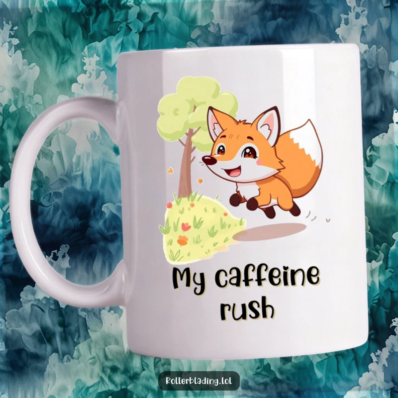 Funny grinning fox mug: A playful fox speeds down a path with a wide, mischievous grin, radiating speed and a cheeky attitude.