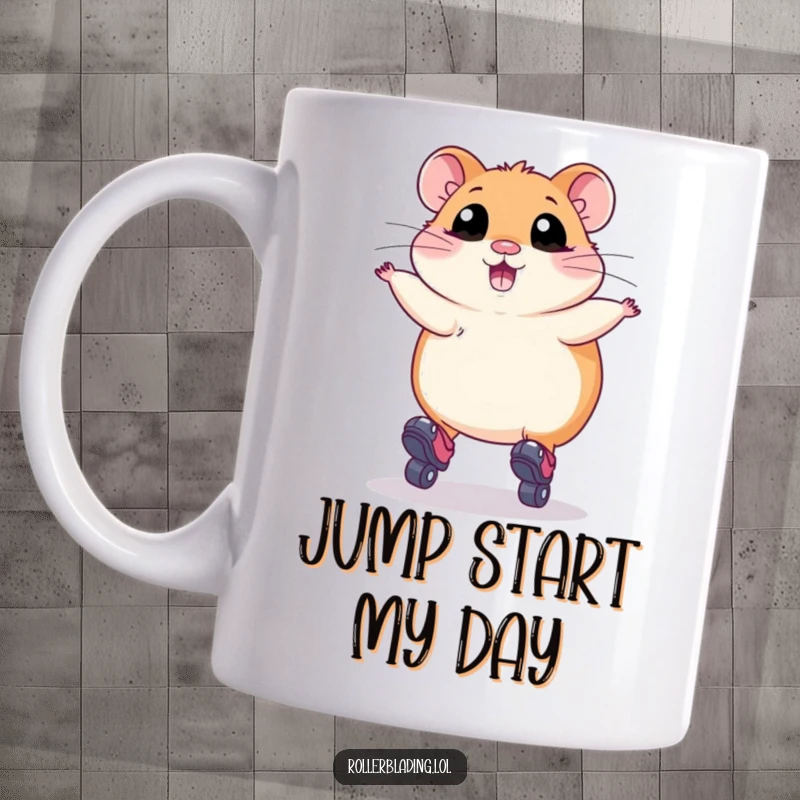 Funny Mug: A plump hamster with huge eyes awkwardly attempting a roller skate jump, full of comical effort and cute determination.
