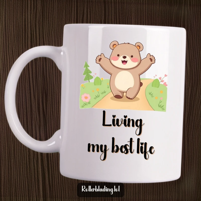 Funny happy bear mug, cruising along a path with arms wide open, a delightful illustration of pure joy and freedom.