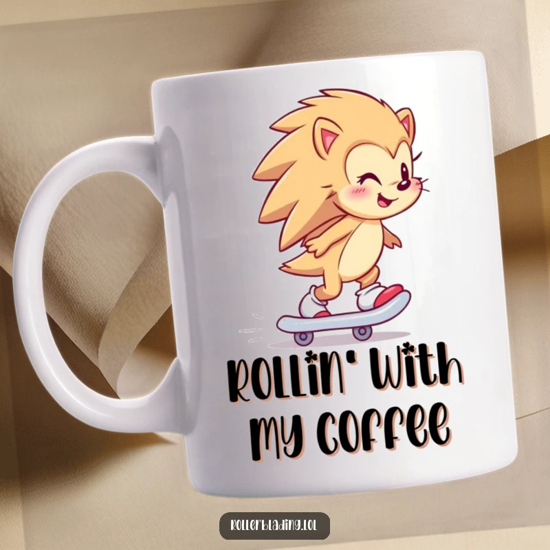 Funny hedgehog skater mug showing a happy hedgehog smiling while skating backward, humorous animal sports theme.