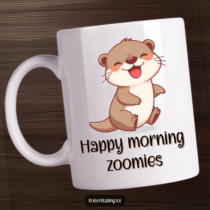 Funny mug featuring a joyful otter zipping around a corner with a huge grin, embodying pure happiness and playful energy for a cheerful boost.