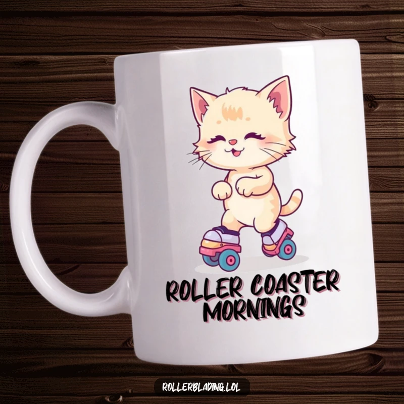 Funny Kitten Roller Skates Mug shows a kitten wobbling joyfully on roller skates, capturing a moment of adorable feline fun.