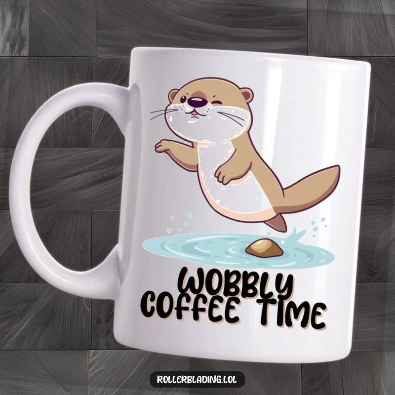 Funny mug showing a giggling otter comically attempting a daring jump, ending with a hilarious wobble.