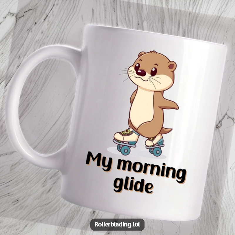 Funny Mug: Elegant otter gracefully roller skating with wide eyes and a confident smile, showcasing poise and humor.