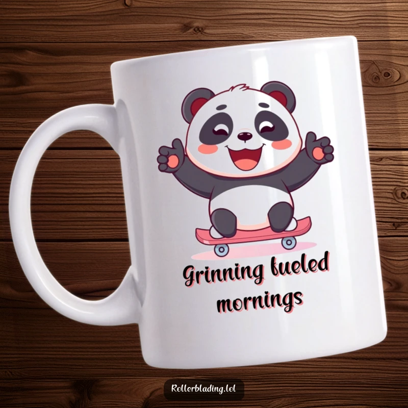 Funny Panda Skating Mug: A joyful panda skates with a wide, beaming smile, radiating happiness and playful energy.