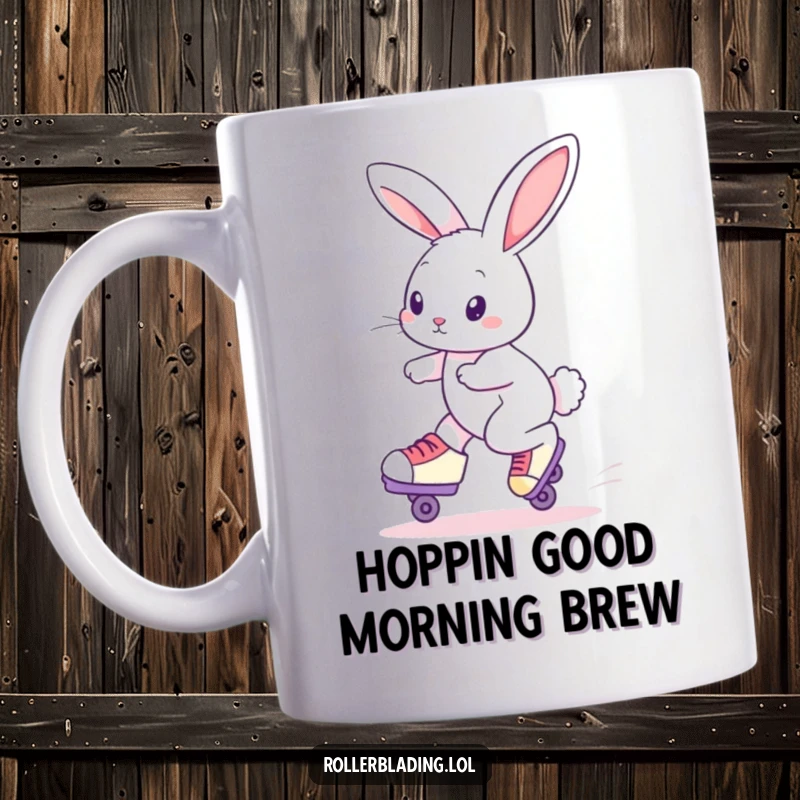 Funny Roller Skating Rabbit Mug: A curious bunny gracefully skates, showcasing pure joy and effortless cool for a delightful gift.