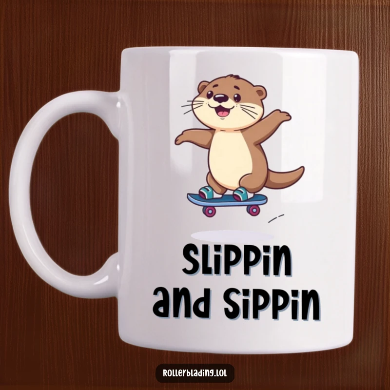 Funny Rollerblading Otter Mug: A playful otter leaps mid-air while rollerblading, radiating pure joy and energetic fun.