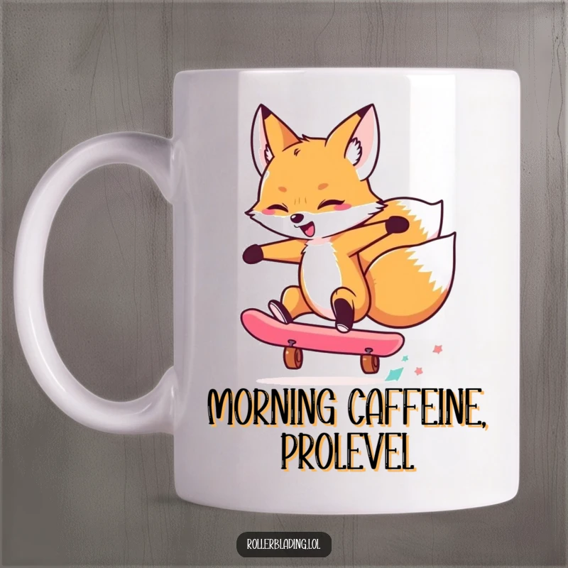 Funny mug showcasing a cool fox executing a daring skateboard trick with flair and personality, emphasizing its playful and skilled nature.