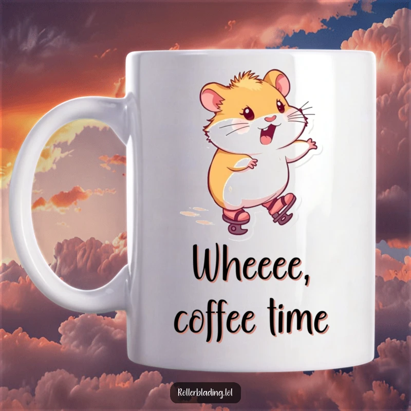 Funny mug showcasing a hamster wearing tiny skates, zooming forward with an expression of pure delight and humor.