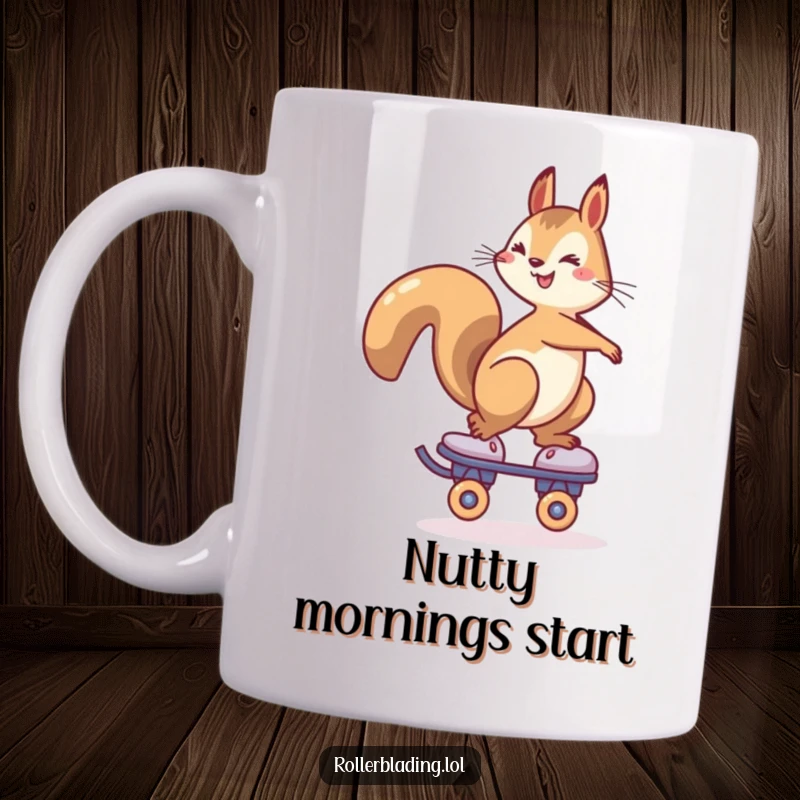 Funny Squirrel Roller Skate Mug: A cheerful squirrel balances precariously on one roller skate, radiating playful confidence.