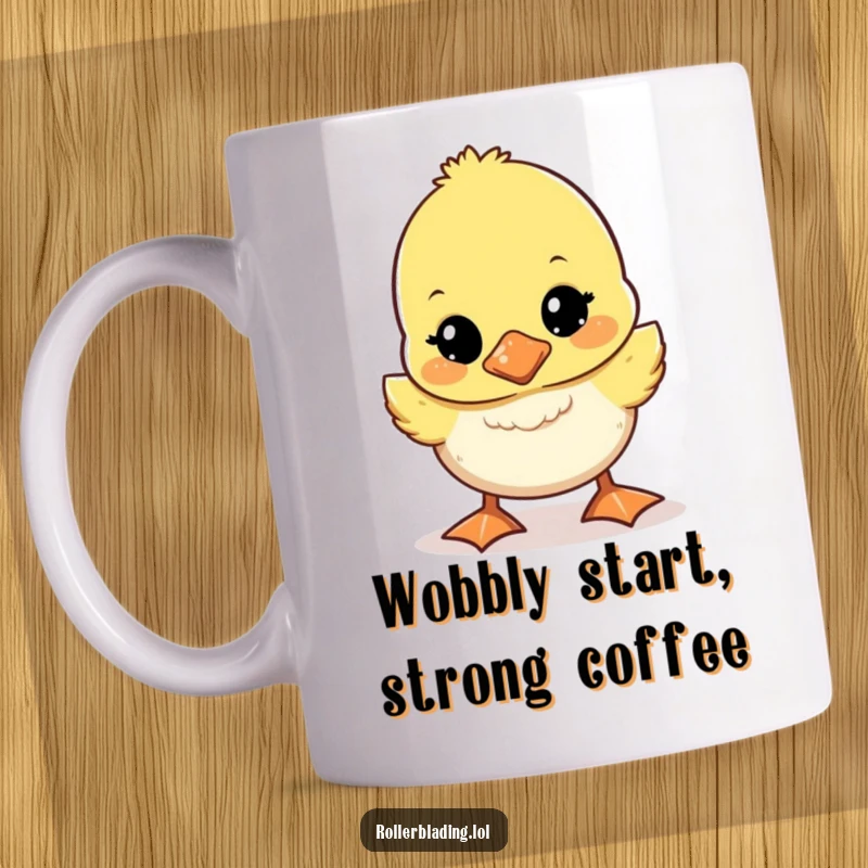 Funny wobbly duckling mug showing a cute duckling wobbling forward unsteadily, adorable and humorous animal theme.