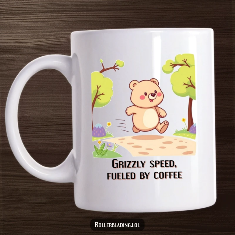 Funny mug showcasing a triumphant bear, paws a blur as it speeds down a forest path with pure joy and pride.