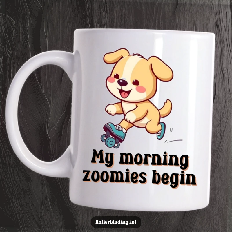 Funny dog mug featuring a happy dog gracefully gliding on roller skates with a big smile, capturing pure joy and adventurous spirit.