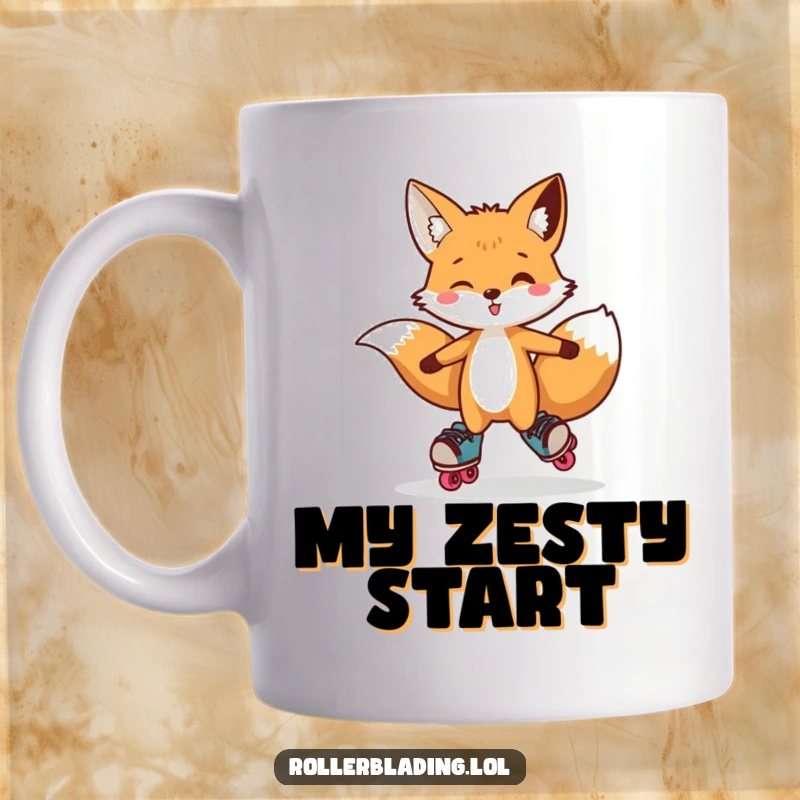 Funny Fox Roller Skate Mug: A curious fox in a playful hop mid-air while wearing roller skates, radiating fun and freedom.