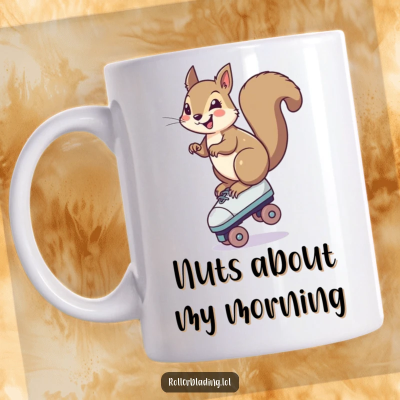 Funny Squirrel Mug: A smiling squirrel precariously balanced on one roller skate, showcasing a daring and comical moment for amusement.