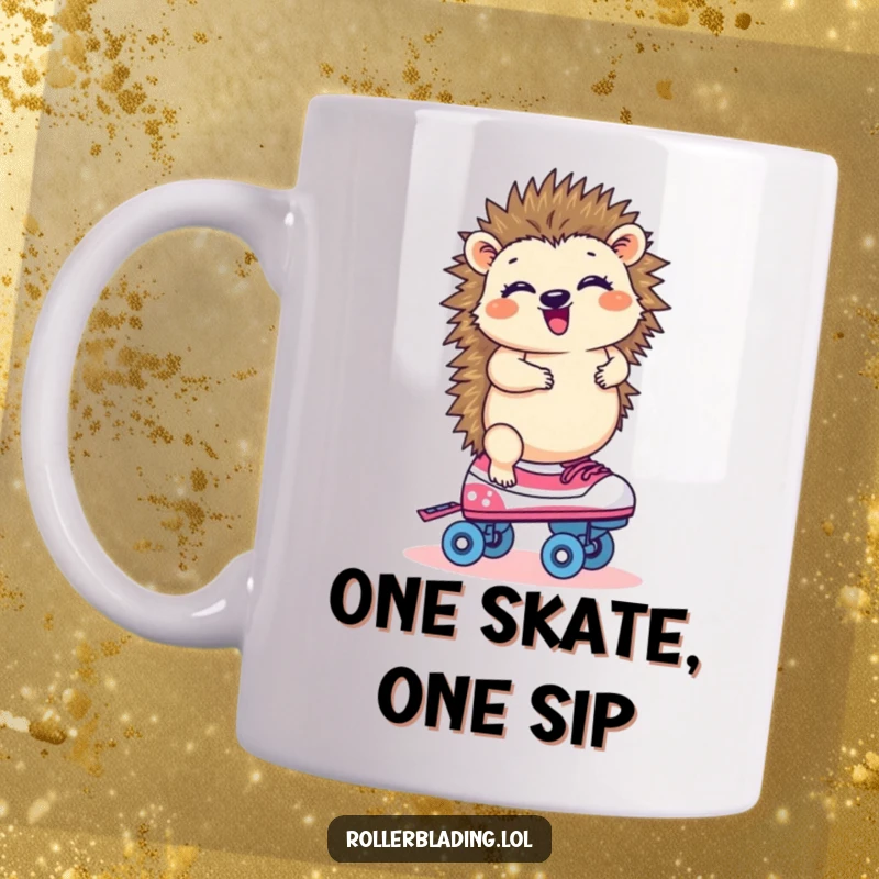 Funny hedgehog giggling while balancing precariously on one roller skate, adorable and humorous artwork.