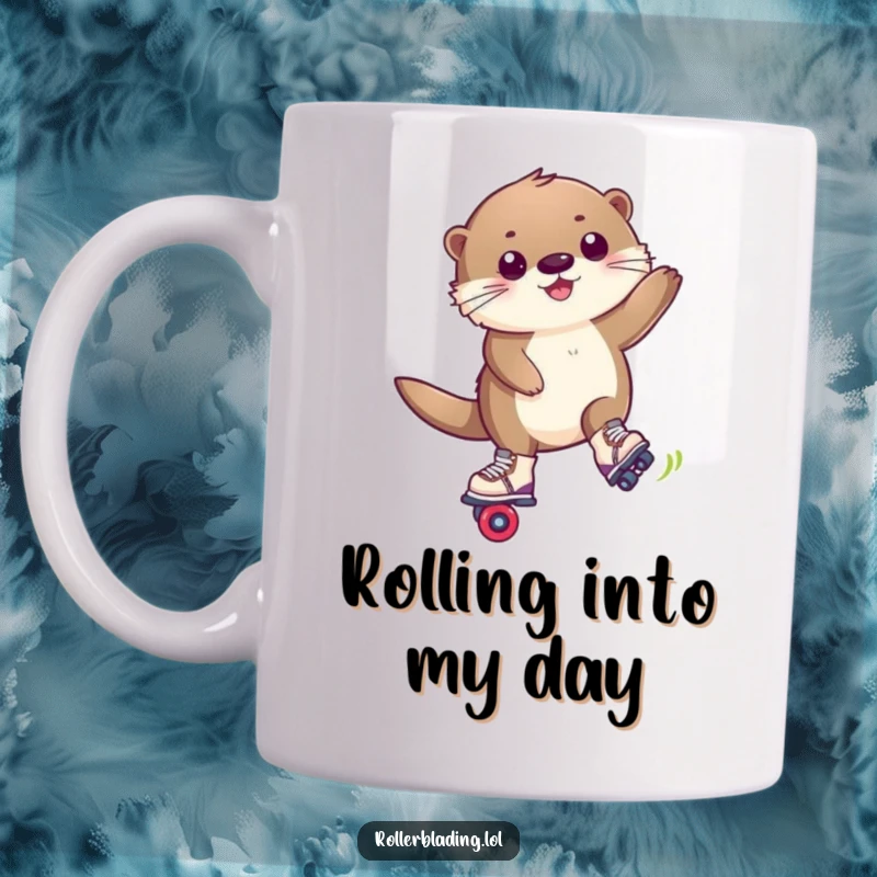 Funny otter mug mid-trick maneuver on roller blades, showcasing skill and a happy, fluffy demeanor.